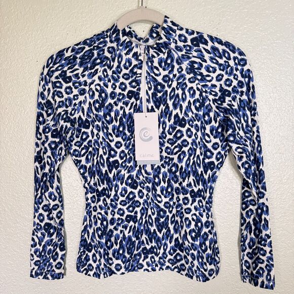 Calme Other - Johnny Was Calme Swim Shirt Women Small Surf Rashguard Top Leopard Blue Half Zip